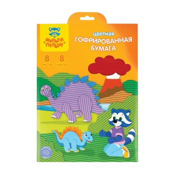 Цветная бумага гофрированная А4, Мульти-Пульти, 8л., 8цв., в папке с европодвесом, 