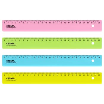 Линейка 25см СТАММ, пластиковая, прозрачная, неоновые цвета, ассорти